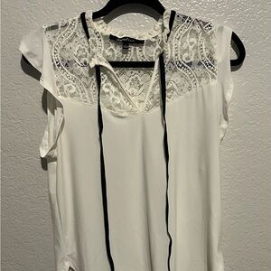 Sweet Rain White Lace Blouse with Black Trim